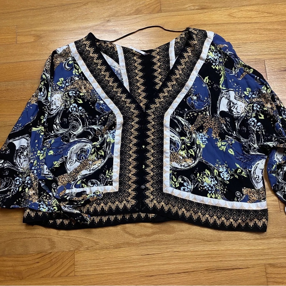 Free People Boho Peasant Top Blouse “Catch Me If You Can” Women’s Size M Cheetah